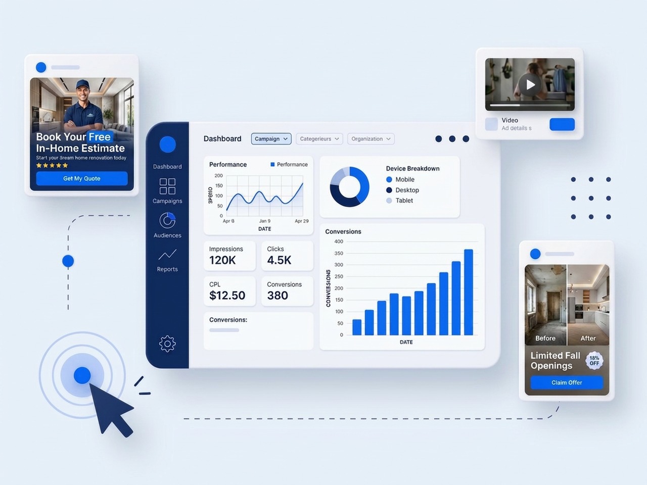 Illustration of an advertising performance dashboard with rising results