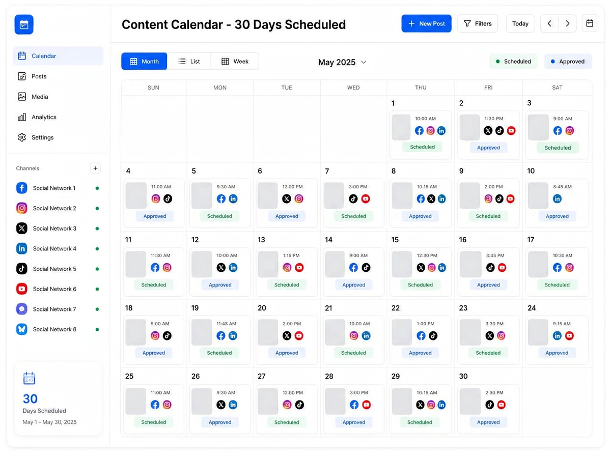 Content calendar showing 30 days of social media posts scheduled and approved across every connected channel